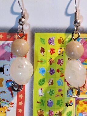 Tan and White Beaded Earrings Plastic One-of-a-Kind Sharon Dawn